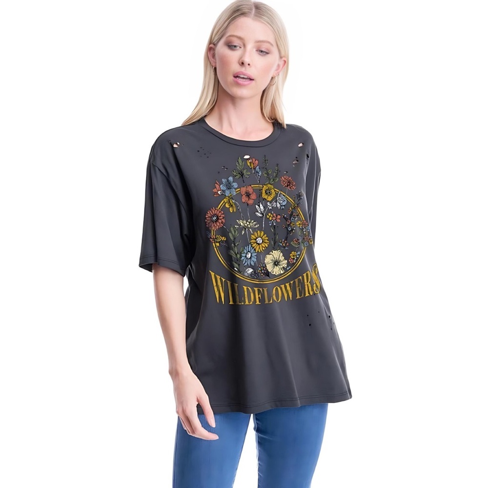 LAST 2! ZUTTER Black Soft Distressed Wildflower Boho Oversized Tee!